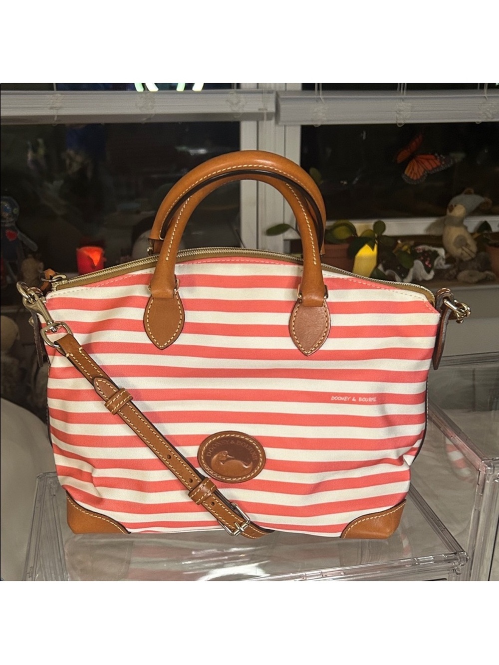 Dooney & Bourke Sullivan Pink & White Striped Satchel w/Brown Leather Trim EUC
